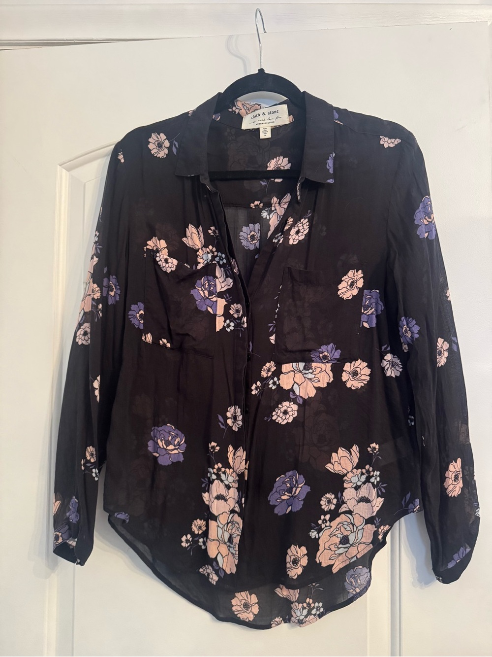 Anthropologie Black Button-Down Shirt with Pink & Purple Floral Pattern
